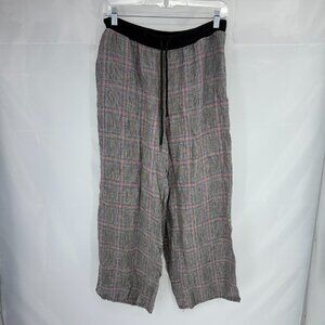 FLAX Women S Linen Pant Cropped Black Red Plaid Pull On Breathable Stretch Waist